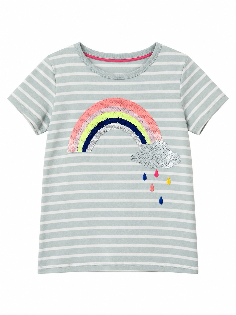 Mini Boden Reversible Sequin Rainbow Striped T-Shirt 6-7Y